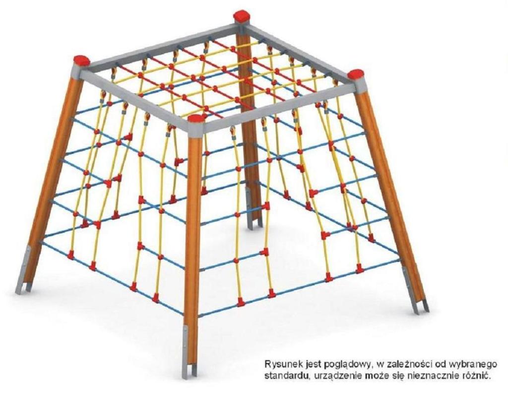 3. Zestaw zabawowy mały Typu Twierdza Grupa wiekowa 3 14 Wysokość swobodnego upadku 2,0 m Przestrzeń minimalna 5,5 x 5,5 m Maksymalna wysokość 2,0 m Wykonany w standardzie Premium Konstrukcja