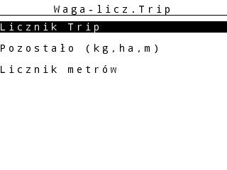 4 Obsługa QUANTRON-A 4.3 Waga-licznik Trip W tym menu znajdują się wartości dotyczące wykonanego wysiewu. Nacisnąć przycisk kg na Sterownik. Pojawia się menu Waga-licznik Trip. Rysunek 4.