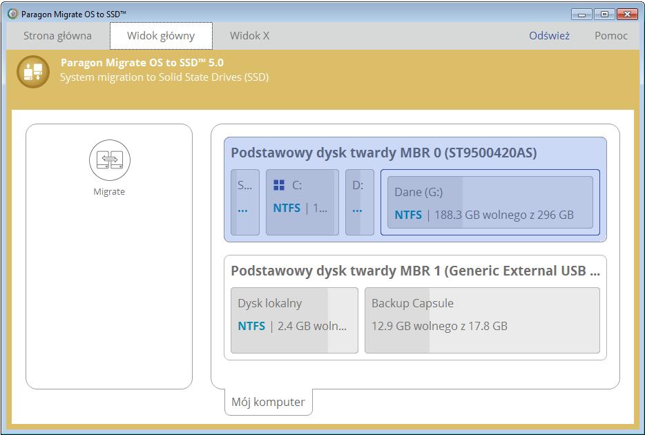 Po aktywacji uzyskasz dostęp do programu. Górna część okna głównego zawiera następujące zakładki: Start, Widok główny i X-View.