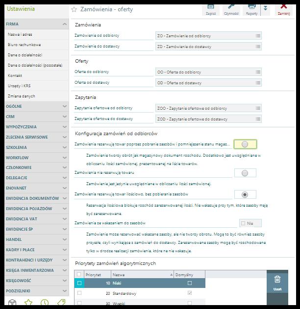 Zakładka Zamówienia - oferty okna konfiguracji W konfiguracji zamówień dostępna jest lista definicji ich priorytetów. Zastosowanie priorytetów omówiono w dalszej części rozdziału.