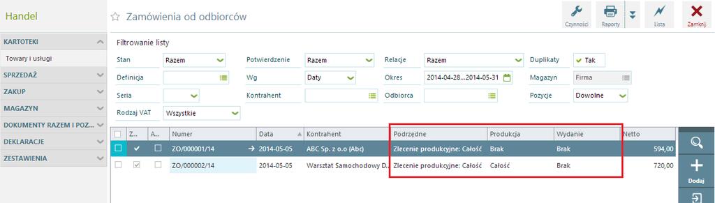 Zamówienie od odbiorcy można powiązać ze zleceniem produkcyjnym standardową relacją kopiowania.