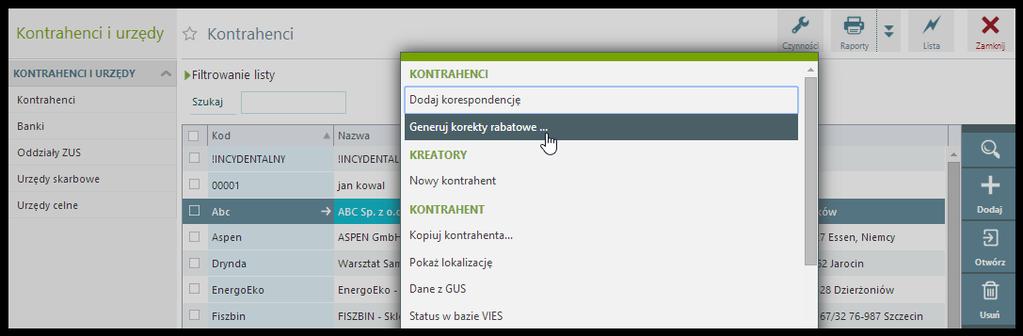 Korekty rabatowe Korekta rabatowa jest dokumentem, za pomocą którego rejestrujemy udzielenie kontrahentowi kwotowego rabatu (bonusu) za wybrany okres sprzedaży.