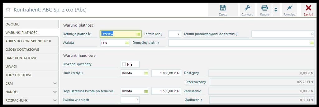 Kwoty limitu kredytowego i dopuszczalnej kwoty po terminie w karcie kontrahenta Konfiguracja Konfiguracja obsługi limitów kredytowych i należności przeterminowanych polega na ustawieniu następujących