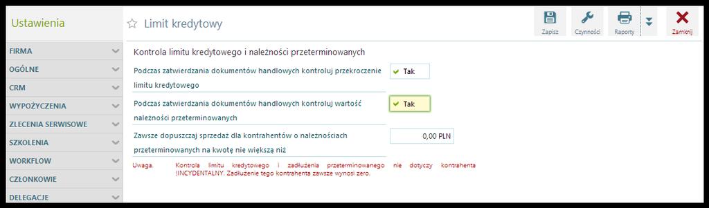 Na zakładce Handel Limit kredytowy okna konfiguracji dostępna jest sekcja Obliczanie zadłużenia, w której można ustawić parametry wpływające na sposób obliczania zadłużenia.