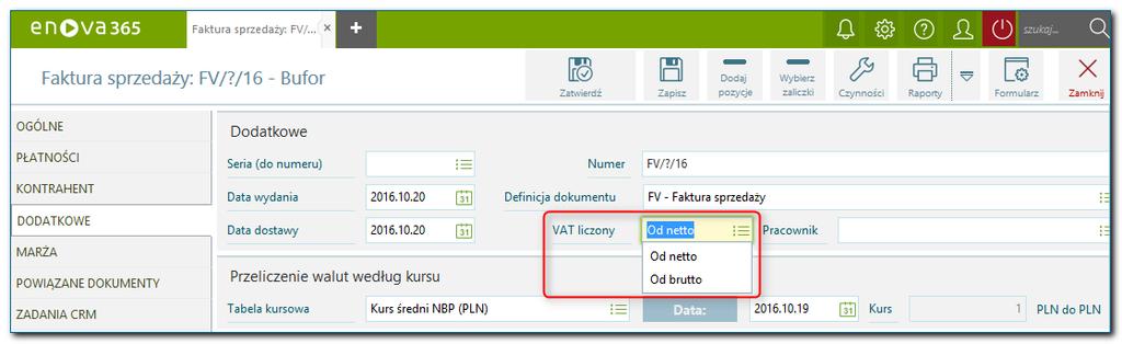Wybrane funkcje dostępne przy wystawianiu/dla wystawionych dokumentów Zmiana sposobu liczenia VAT na dokumencie (netto/brutto) Ilość zrealizowana Rozliczenie zarejestrowanej wpłaty w trakcie