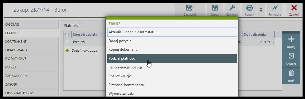 Czynność Podziel płatność Okno z parametrami czynności Podziel