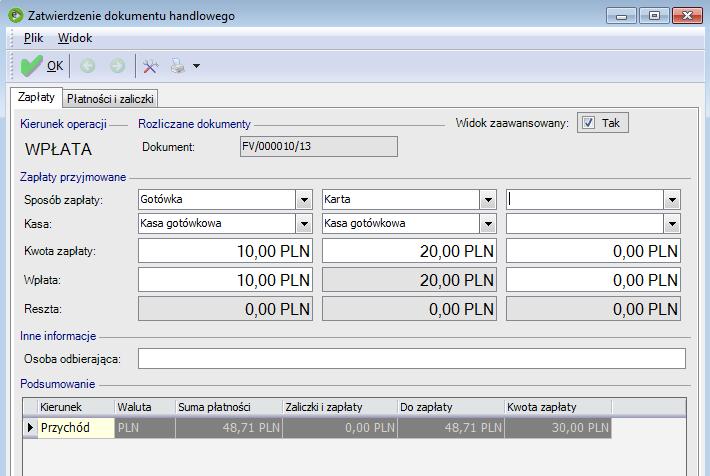 Okno zatwierdzania z możliwością wyboru różnych sposobów zapłaty W celu podziału zapłaty do dokumentu handlowego na wpłatę gotówkową i zapłatę kartą należy w oknie Zatwierdzanie dokumentu handlowego