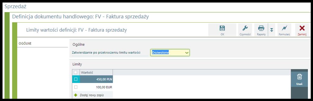 Określanie limitu wartości w definicji dokumentu W oknie limitów można określić osobne wartości w każdej z walut zdefiniowanych w systemie oraz wybrać odpowiednią opcję parametru Zatwierdzanie po