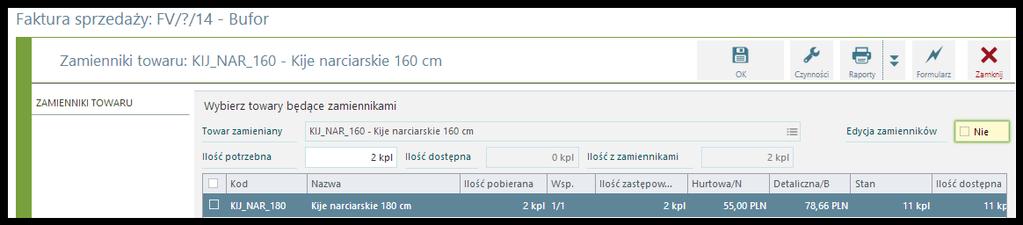 Uproszczony wydruk faktury Zamienniki towaru W celu korzystania z funkcjonalności zastępowania towaru zamiennikiem należy na kartotece towaru, na zakładce Zamówienia i zamienniki uzupełnić listę