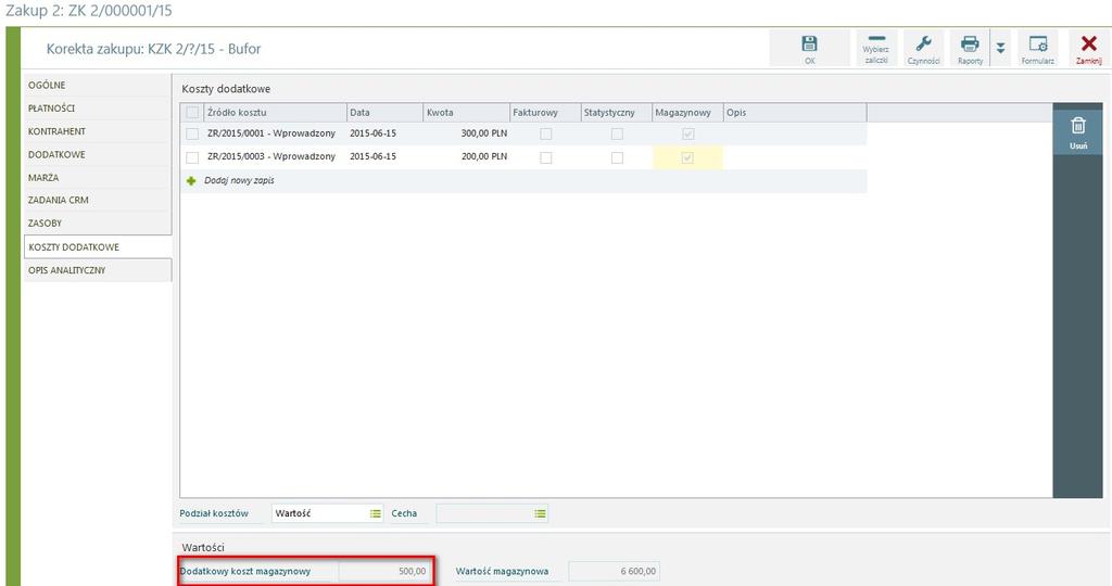 Koszt dodatkowy dodany na korekcie dokumentu zakupu ZK2 Taka korekta ma charakter techniczny.