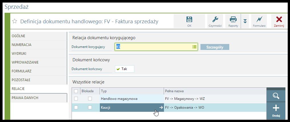 Definicja dokumentu - relacja kaucji Przy tworzeniu dokumentów handlowych lub magazynowych, dla których została zdefiniowana relacja kaucji, będą automatycznie generowane dokumenty