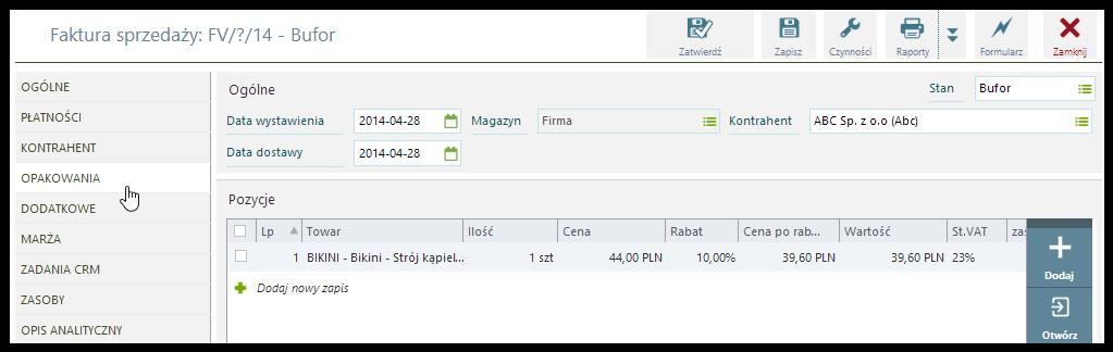 Wyliczone ilości opakowań widoczne są na dodatkowej zakładce Opakowania formularza wystawianego dokumentu. Wyliczone ilości są dostępne do edycji.