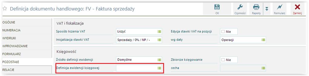 Puste pole parametru Definicja ewidencji Po dokonaniu tej operacji należy zaznaczyć w module Handel dokumenty, które chcemy usunąć z ewidencji i