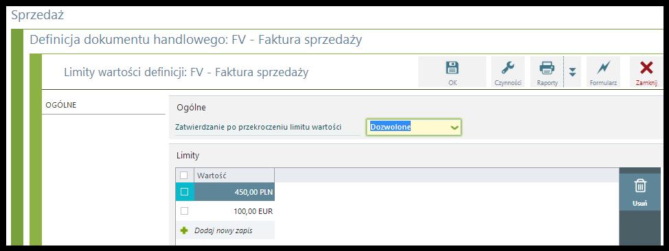 Określanie limitów wartości dokumentu Numeracja zakładka formularza definicji dokumentu Zakładka Numeracja definicji dokumentu składa się z dwóch paneli po prawej i lewej stronie oraz przycisków