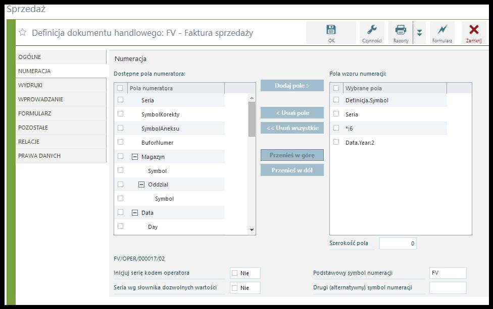Ustawienie numeracji domyślnej dla dokumentów sprzedaży składa się z: symbolu/serii/ numeru/roku.