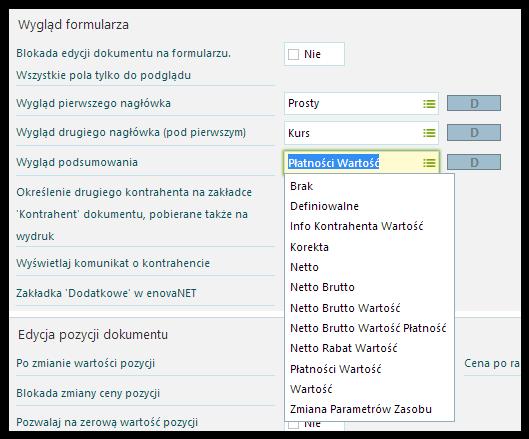 Wygląd formularza dokumentu przy ustawieniu: Nagłówek = Prosty, Nagłówek drugi = Kurs Wygląd podsumowania - określa dostępne pola w dolnej części zakładki Ogólne formularza dokumentu, pod tabelą