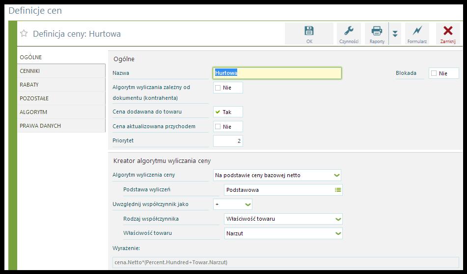 Zakładka Ogólne okna definicji ceny Zakładka Ogólne zawiera dwie sekcje: Ogólne i Kreator algorytmu wyliczenia ceny, a w nich następujące pola: Sekcja Ogólne: Nazwa nazwa ceny. Pole alfanumeryczne.