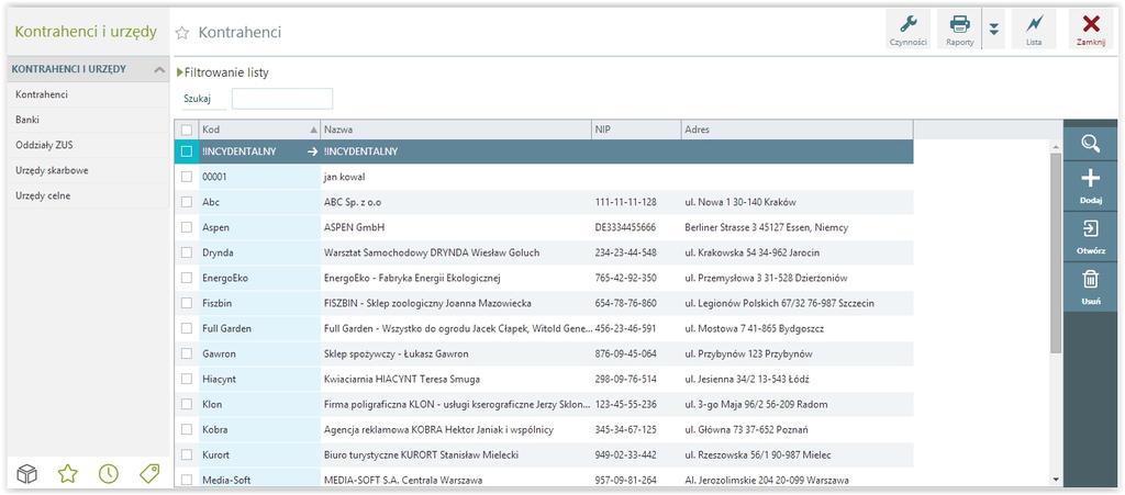 Wprowadzanie kontrahentów Wprowadzanie kontrahentów odbywa się z poziomu listy kontrahentów, którą otwieramy z głównego menu programu wybierając kolejne pozycje Kontrahenci i urzędy Kontrahenci.