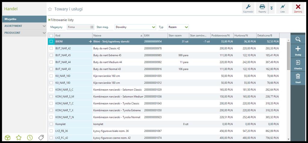 Wprowadzanie towarów Listę towarów (kart towarowych) otwieramy wchodząc przy wykorzystaniu opcji Towary i usługi menu głównego modułu Handel.