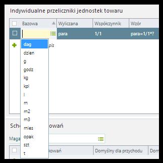 Wydruki takie realizowane są na zamówienie. Sekcja Indywidualne przeliczniki jednostek towaru: Sekcja zawiera tabelę, w której rejestrujemy indywidualny (tylko dla danego towaru) przelicznik.