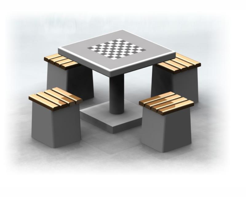 Urządzenie do gier przeznaczone dla użytkowników powyżej 3 roku życia Elementy składowe urządzenia do gier przeznaczonego na place zabaw: - betonowy stolik z planszą do gry w szachy wraz z czterema