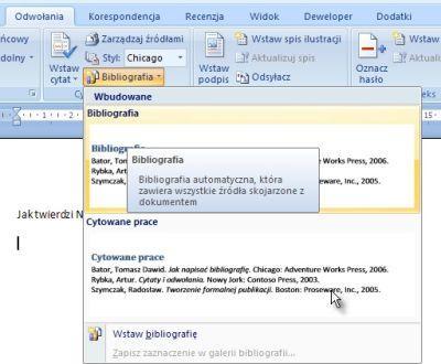 Gdy klikniesz szablon, w miejscu kursora zostanie wstawiona lista cytowanych prac odpowiadająca liście bieżącej w