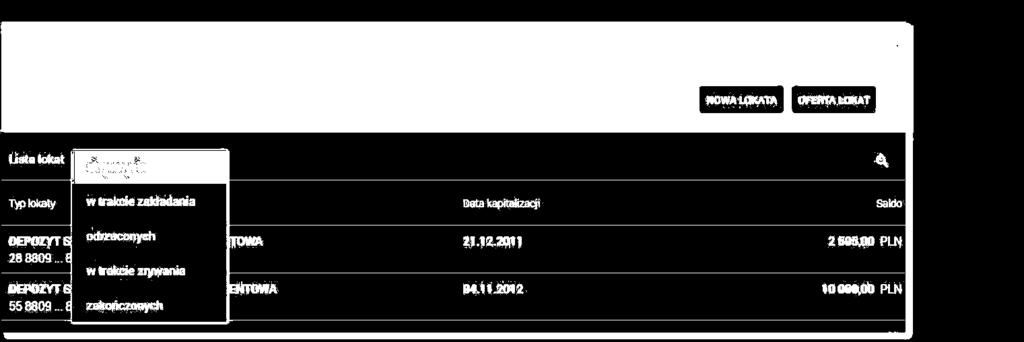 Na liście lokat dla każdej lokaty dostępne są następujące informacje: typ lokaty wraz z numerem rachunku lokaty - Typ lokaty, data operacji naliczenia odsetek, od zgromadzonych na rachunku lokaty