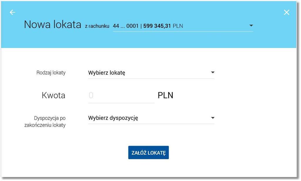 6.4.5. Zakładanie lokaty Wybranie przycisku [NOWA LOKATA] dostępnej na kaflu miniaplikacji Lokaty umieszczonym na pulpicie bądź z poziomu listy lokat umożliwia złożenie wniosku o nową lokatę.