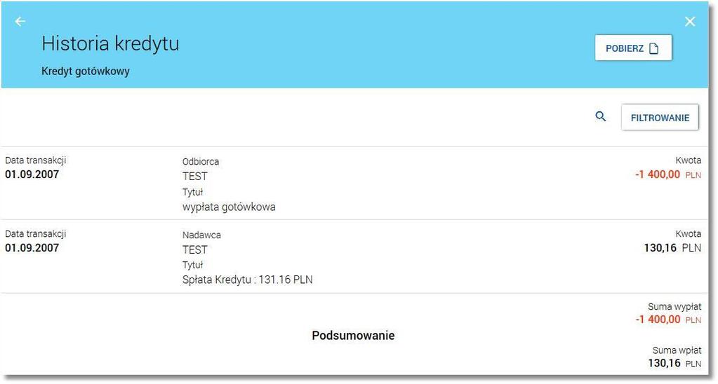 Kliknięcie na wybraną pozycję w harmonogramie spłat, powoduje wyświetlenie dodatkowych informacji dla operacji: Część kapitałowa - kwota stanowiąca kapitał wybranej raty kredytu, Część odsetkowa -