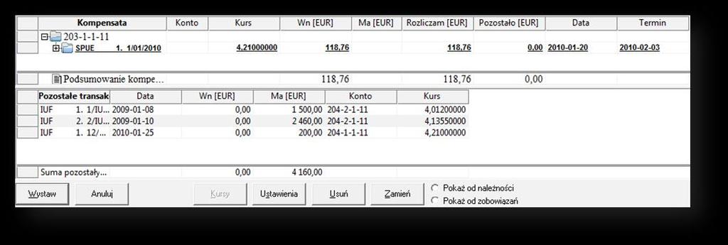 Symfonia Finanse i Księgowość 2014.a 7 Aby otworzyć dokument kompensaty należy wybrać przycisk Kompensata walutowa, dostępny w menu Operacje na liście rozrachunków.