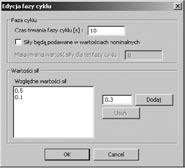 Rys. 7. Okno dialogowe wprowadzania wartości poszczególnych typów sił składających się na siłę fazy cyklu pracy Fig. 7. The dialog window in which the component values of forces of a phase cycle work are input delu wartości siły są wyrażone w funkcji wartości siedmiu kątów określających położenie kończyny.