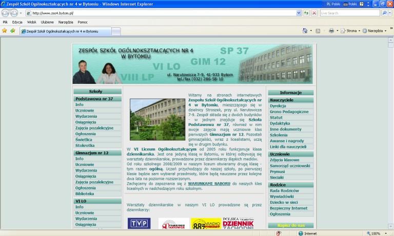Zespół Szkół Ogólnokształcących nr 4 w Bytomiu Ładna, przejrzysta strona www z podziałem na informacje dla uczniów,