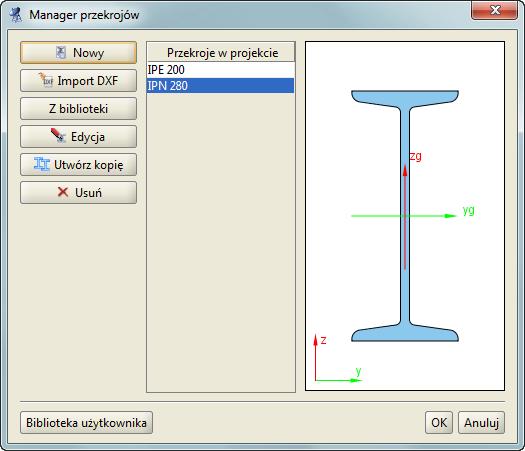 Przekroje elementów 4 PRZEKROJE ELEMENTÓW Dla każdego pręta w projekcie musi być określony kształt jego przekroju poprzecznego.