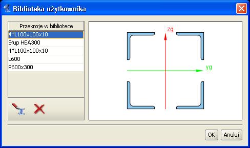 Przekroje elementów Rys. 4.5 Grupa stalowych profili dowolnych 4.3 BIBLIOTEKA UŻYTKOWNIKA Przekroje stworzone podczas pracy z projektem są zapisywane w pliku projektu.