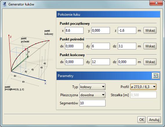 Tworzenie przykładowej konstrukcji Rys. 5.6 Generator łuków Umożliwia on tworzenie łuków kołowych oraz parabolicznych, składających się z zadanej ilości segmentów.