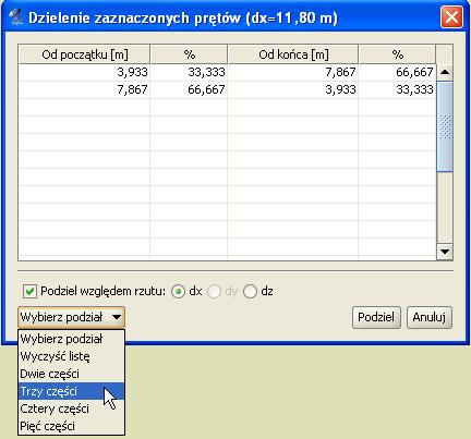 Tworzenie przykładowej konstrukcji Dla pojedynczego pręta lub kilku prętów o dokładnie takiej samej długości i takim samym kierunku, dostępna jest opcja podziału względem wybranego rzutu