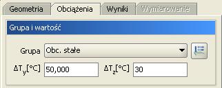 Obciążenia układu Przy wprowadzaniu obciążeń termicznych polegających na podgrzaniu całości pręta, należy na zakładce Obciążenia zdefiniować następujące parametry: Wybrać z listy Grupa, właściwą dla