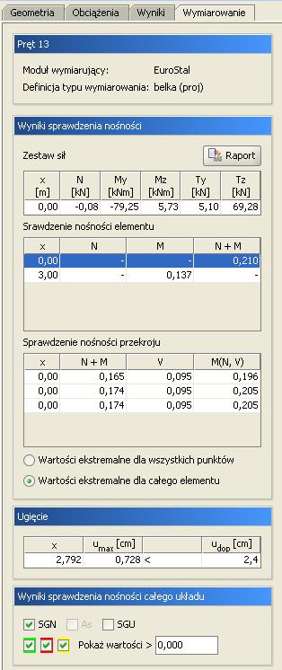 15 Widok stref zbrojenia belki Oprócz wyników na ekranie graficznym, użytkownik może wyświetlić skrócone wyniki wszystkich