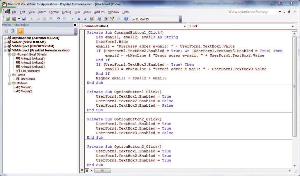 Rys. 3.10 zrzut ekranu programu MS Excel. zaprezentowanym na rys. 3.10 8 OK (jego nazwa to CommandButton1).