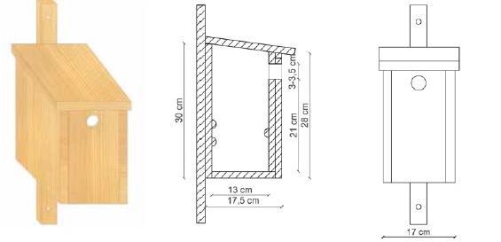 Wymiary poszczególnych elementów w cm Wys. Gatunki ptaków Typ skrzynki Bok dna lęgową (kwadrat) Wys.