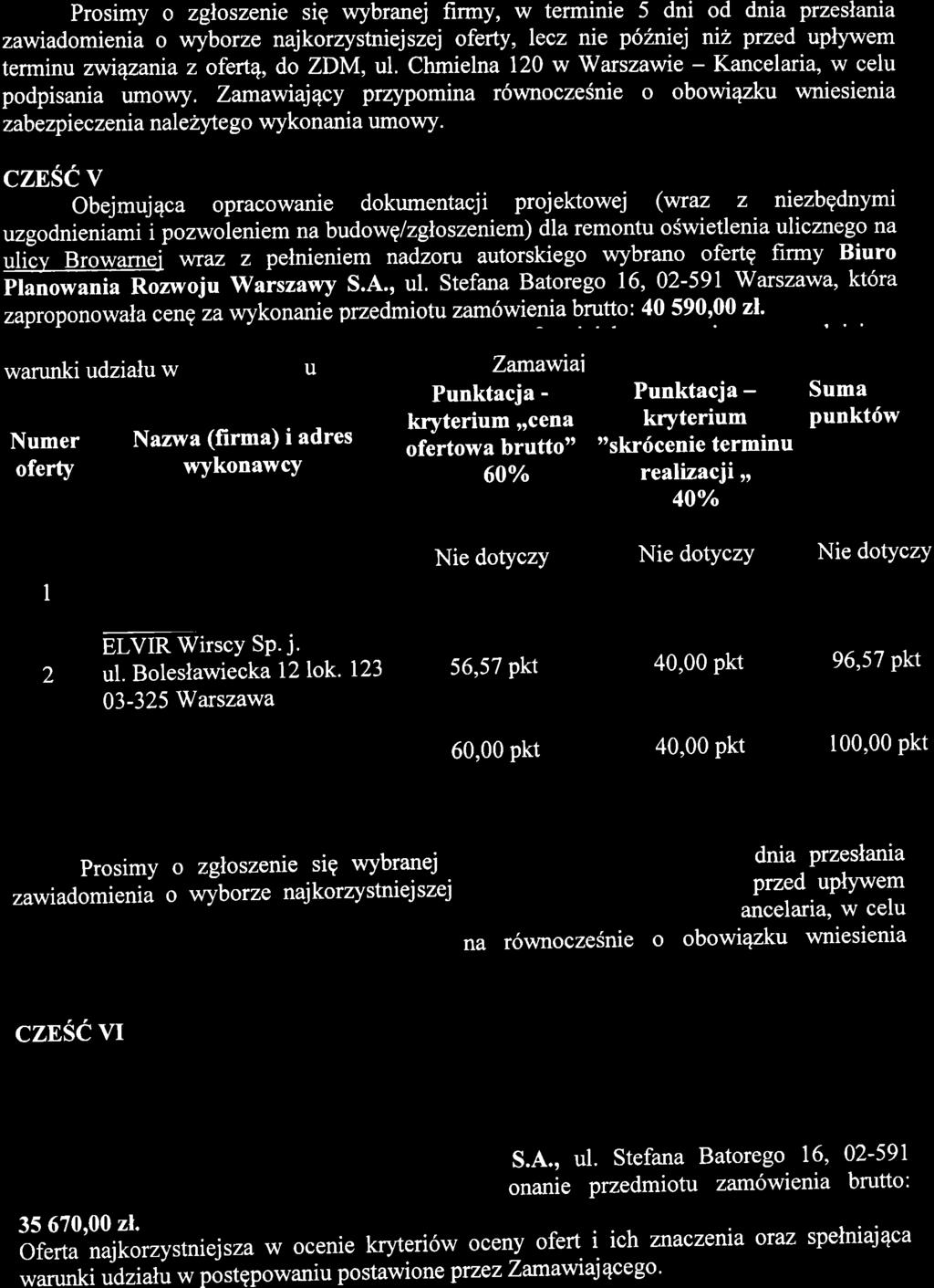 Prosimy o zgloszenie sig wybranej firmy, w terminie 5 dni od dnia przeslania zawiadomienia o wyborze najkorzystniejszej, lecz nie p62niej ni? przed uplywem terminu zwqzania z ofertq, do ZDM, ul.