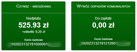 czynszowych na dzień bieżący wyróżnieniem nadpłat, zaległości i naliczeń aktualnych na dany miesiąc (tych, które nie przekroczyły terminu płatności).