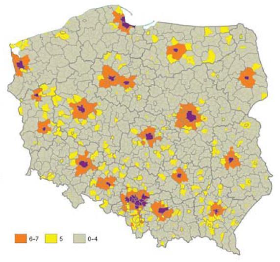 Mapa 1 Delimitacja Miejskich Obszarów Funkcjonalnych według opracowania prof. Przemysława Śleszyńskiego (PAN) - zgodnie z ilością spełnianych wskaźników.