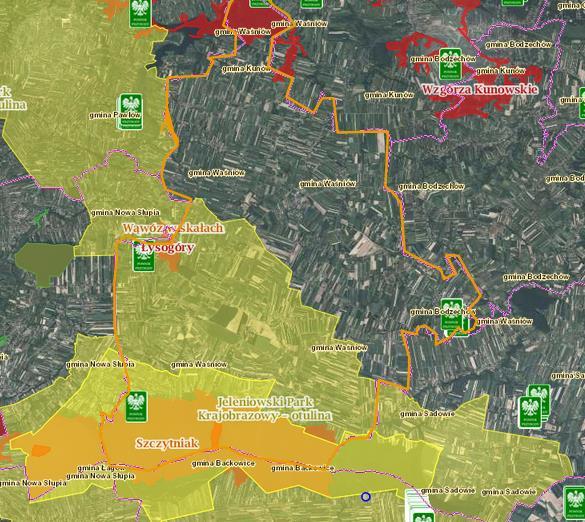 Mapa nr 7 Obszary chronione na terenie Gminy Waśniów Źródło: http://geoserwis.gdos.gov.