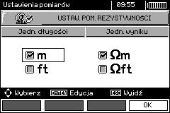 2.2.6 Ustawienia pomiaru rezystywności Przyciskami, i,