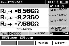 Nacisnąć przycisk START, aby rozpocząć pomiar. Najpierw jest wykonywane sprawdzenie napięć na poszczególnych parach żył.