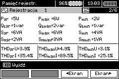 Numer ekranu z wynikami / ilość wszystkich ekranów z wynikami. Wartości statystyczne mocy i THD. Numer próbki / ilość wszystkich próbek. Wyniki pomiarów w kolejnych próbkach.