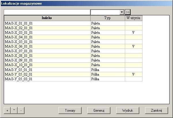 Ka da lokalizacja ma 1 wiersz z indeksem, typem oraz znacznikiem czy jest w u yciu (ma przypisane dostawy).