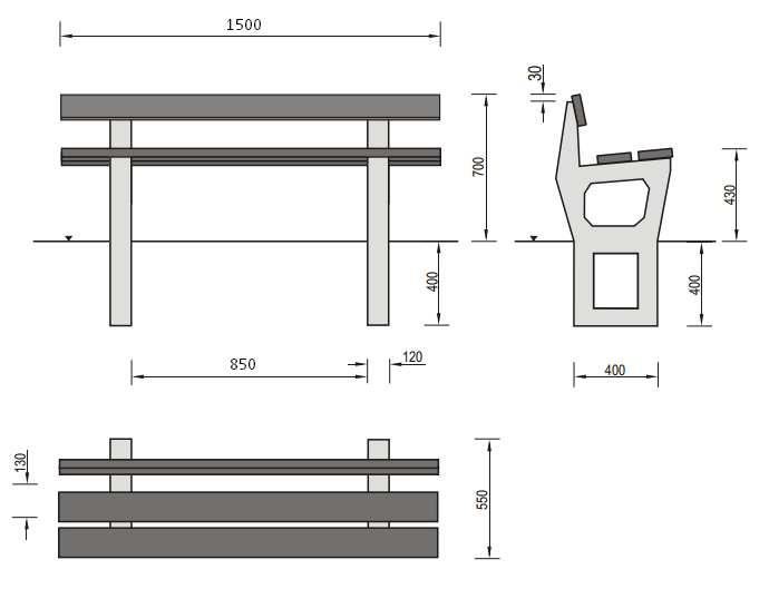 Opis ławki: - nogi wykonane z wibrowanego betonu B30, częściowo wkopane w grunt, - nogi betonowe o przekroju min. 120 mm przez co są wandaloodporne, - waga ławki to min.
