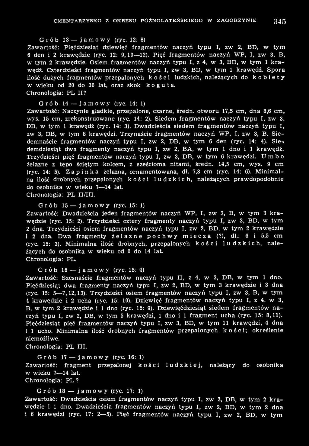 Spora ilość dużych fragmentów przepalonych kości ludzkich, należących do kobiety w wieku od 20 do 30 lat, oraz skok koguta. Chronologia: PL II? Grób 14 jamowy (ryc.